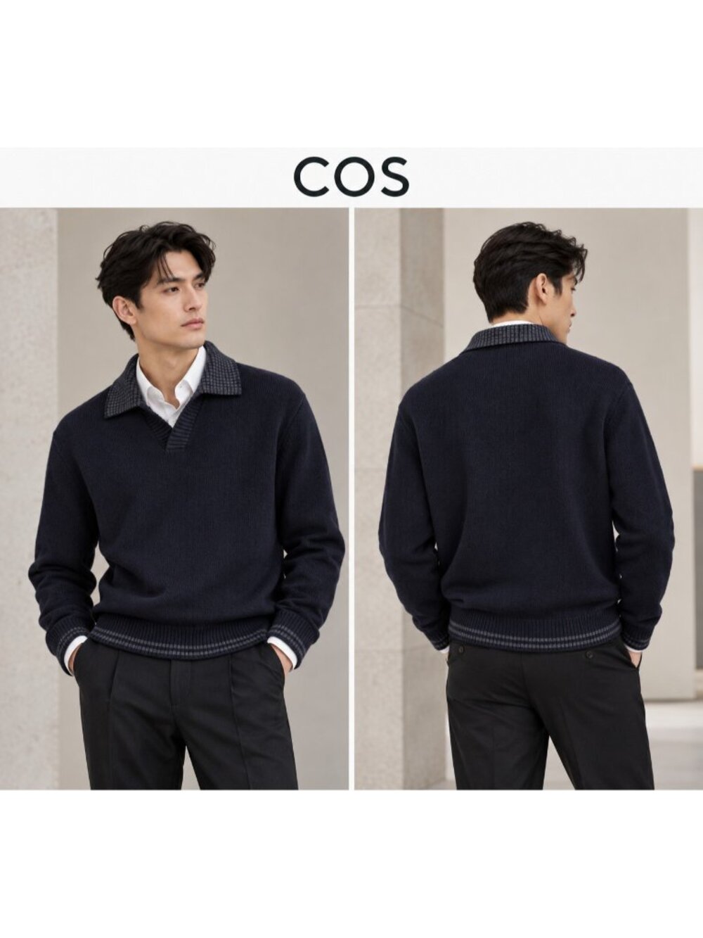 COS Men's 100% Wool Relaxed Knit Polo Sweater Navy Blue Size XL